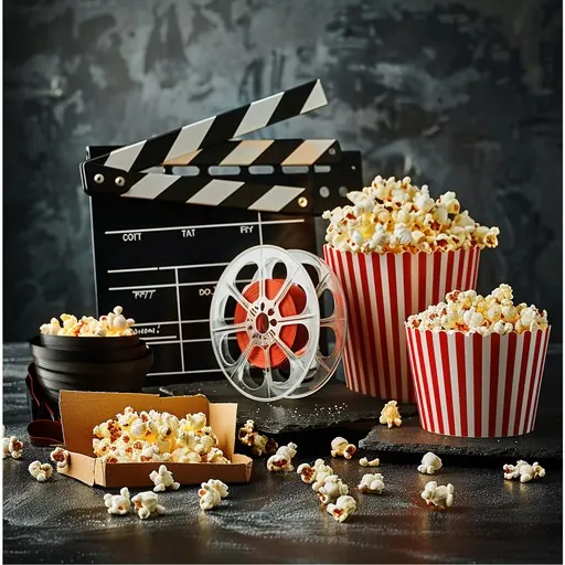 A film clapperboard, film reel and striped buckets of popcorn