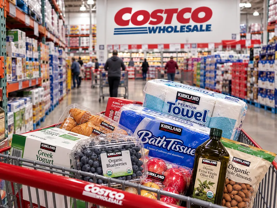 A Costco cart full of groceries, paper towels and olive oil in the warehouse aisle