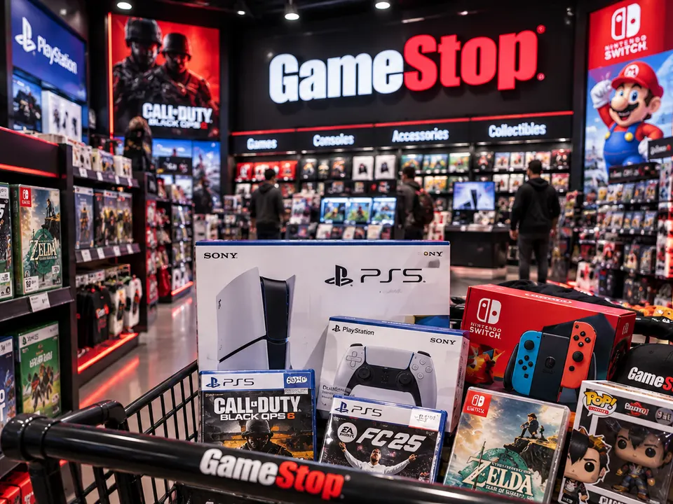A GameStop cart full of PS5, Switch and video games in the store