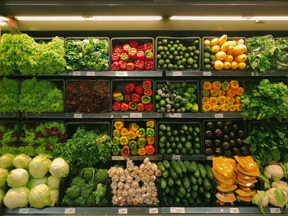 A grocery store shelf stacked with fresh lettuce, peppers, cucumbers and squash