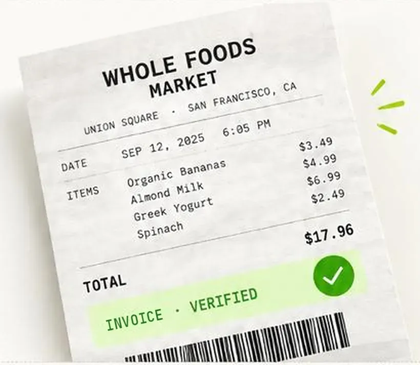 A Whole Foods invoice stamped Invoice · Verified with a green check